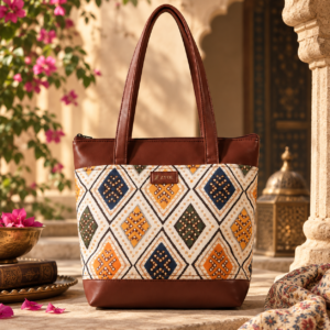 Heritage Courtyard Ikat Tote Zari Bandhani Ivory Print Tote Bag