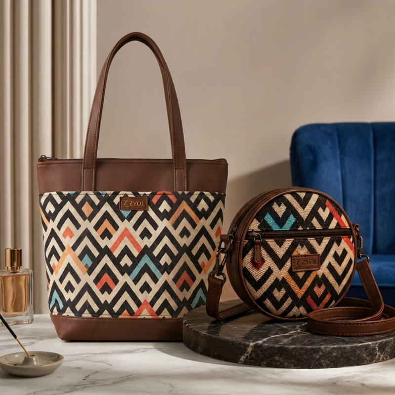 IMG_4258-Photoroom ZARI Tote & GULNAAR Sling Bag Combo – Chevron Geometric Print